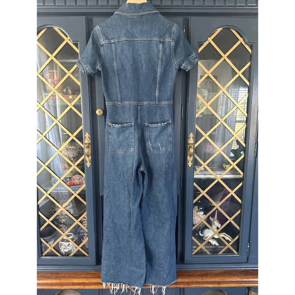 Reformation Dark Denim jumpsuit wide leg patch pockets short sleeve size 2 - Picture 7 of 9